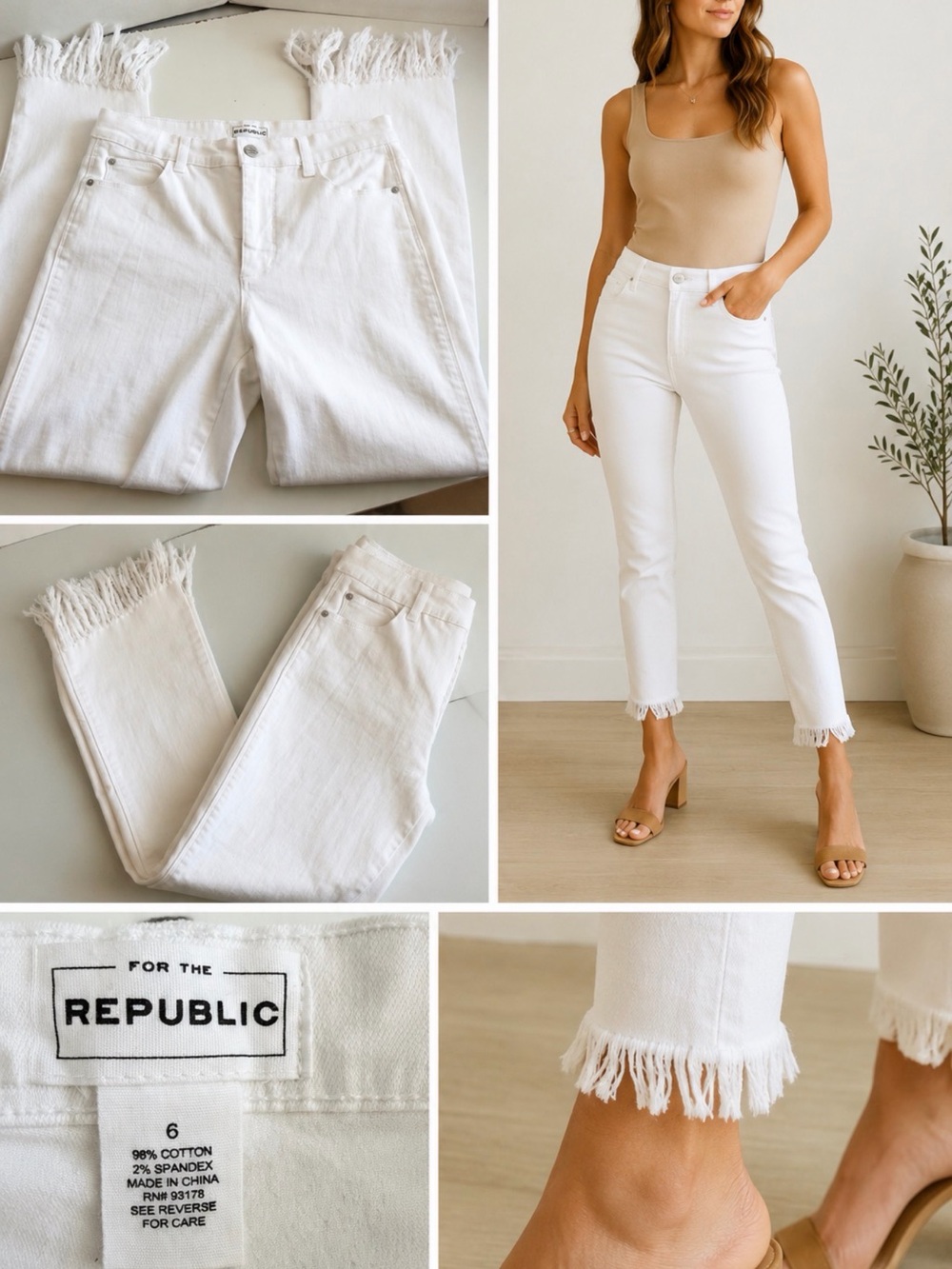 FOR THE REPUBLIC White Frayed Hem Ankle Jeans Women’s Size 6 Stretch Denim”